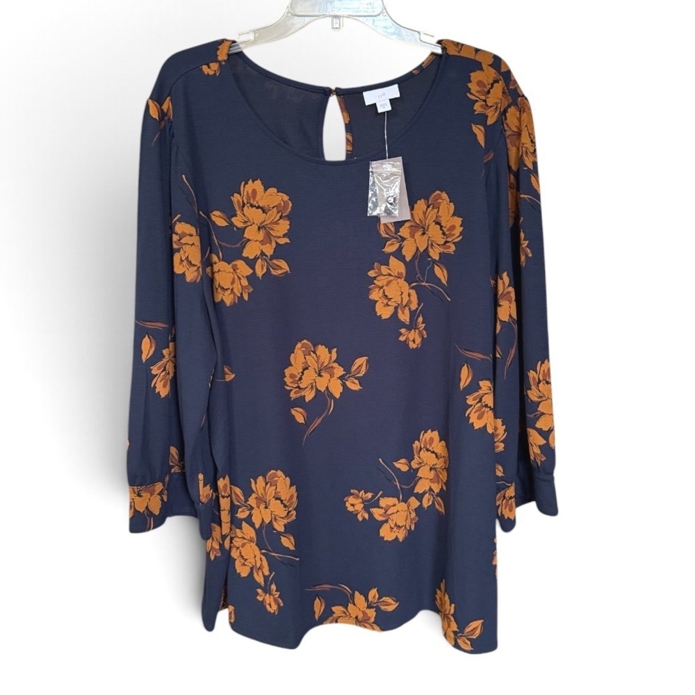 J. Jill Floral Tunic Women 4X Navy Blue Orange Long Sleeve Keyhole Back NEW